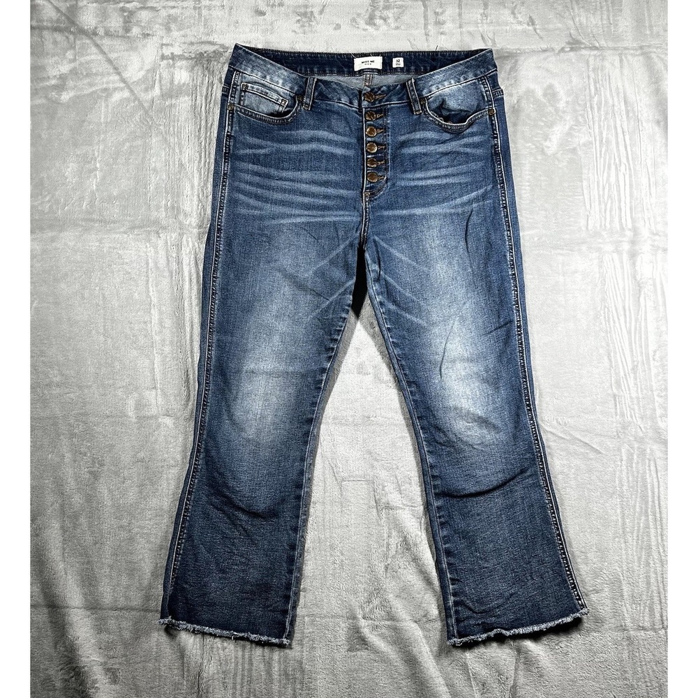 Y2K Miss Me Jeans Womens 32 High Rise Crop Boot Button Fly Raw Hem Stretch Denim